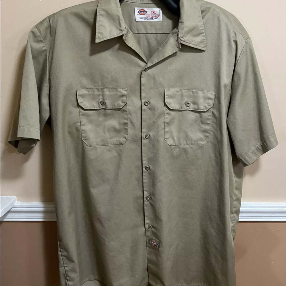 Dickies Mens 2XL Tan Khaki Button Up Short Sleeve Shirt